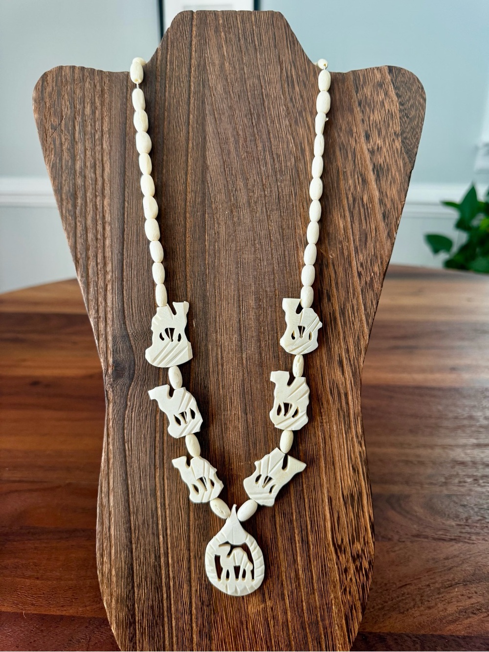 Vintage Celluloid/bone Carved Camel Pendant Beaded Necklace Egypt 1990